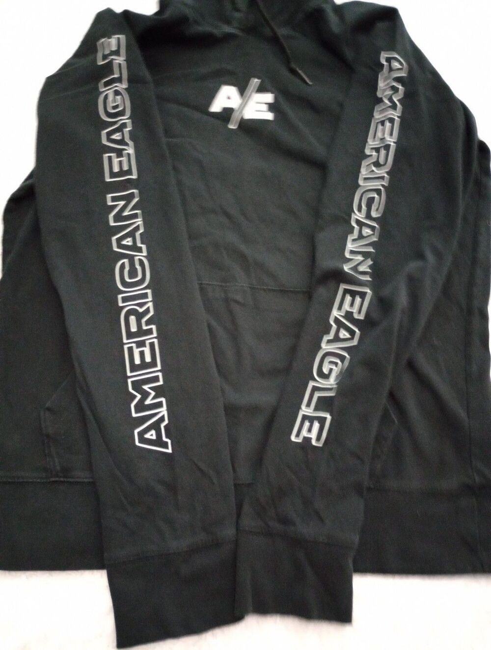 American Eagle MENS BLACK HOODIE LONG SLEEVE SWEATSHIRT SZ MEDIUM GRAPHIC SLEVE - Picture 7 of 12